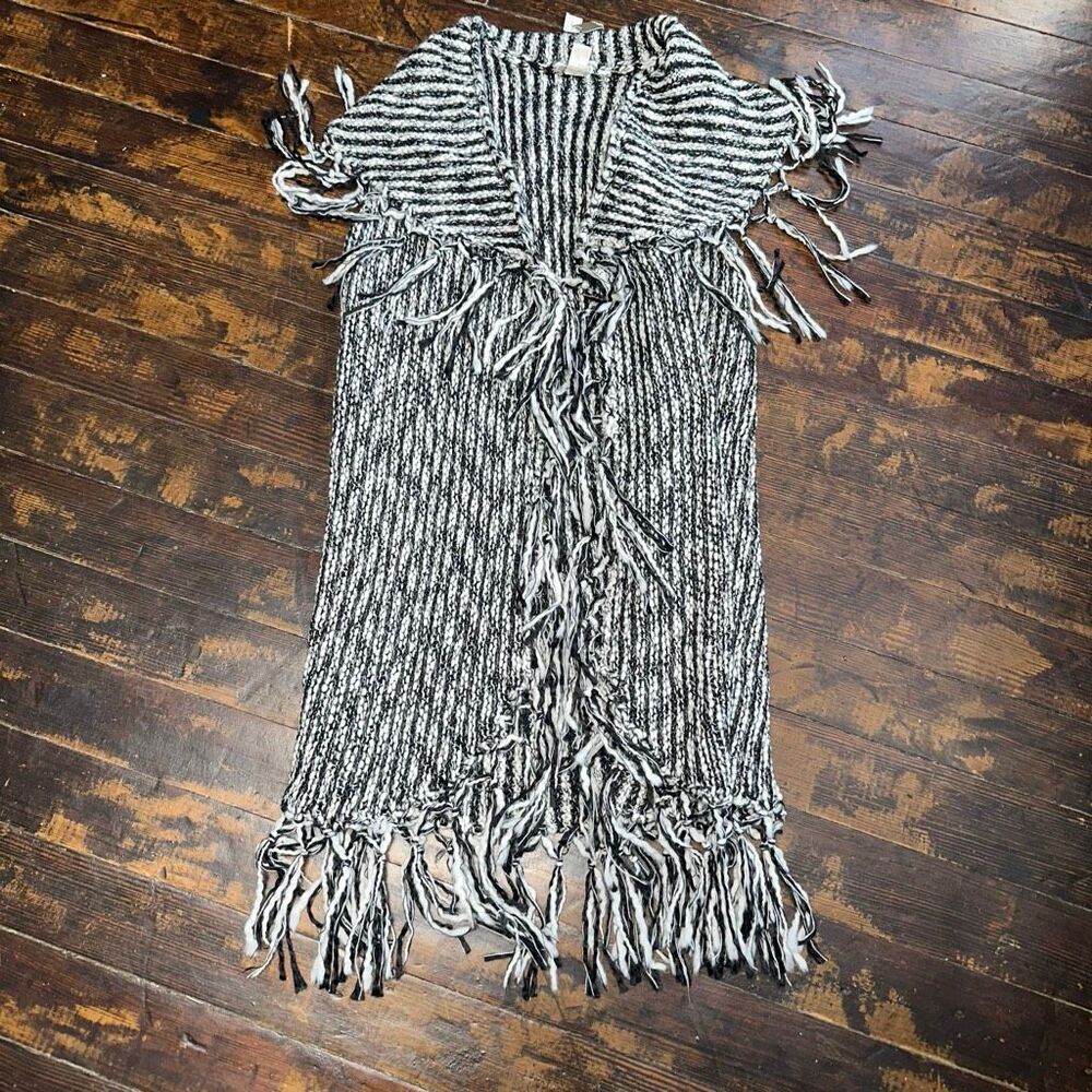 Chicos black & white tasseled striped cozy 1/M cardigan